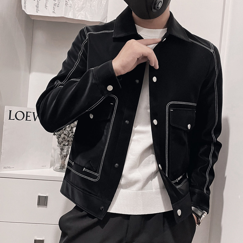 JK75-特P115控158加绒特P1252023秋亮扣明线翻领修身小伙皮衣,男装夹克,电商A216