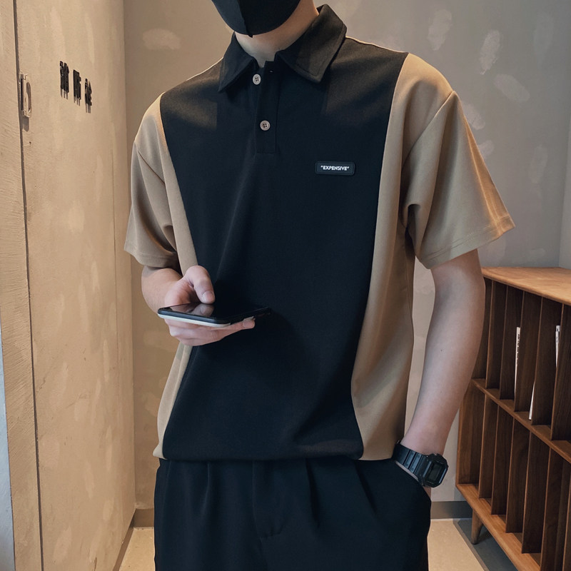 DT81-P55-控752025夏季社会小伙风男拼色宽松垂感半袖POLO黑,男装T恤,电商A216