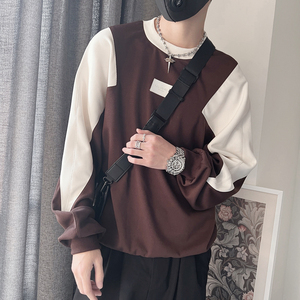 WY123-P68 控98 秋季拼色宽松套头圆领长袖社会小伙痞帅男卫衣灰图片