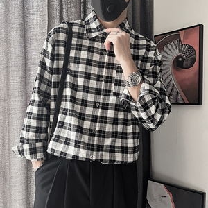 CS66-M-3XL P68控98 95%棉5%聚酯纤维经典黑白方格衬衣反扣微阔版图片