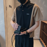 DT81-P55-控752025夏季社会小伙风男拼色宽松垂感半袖POLO黑，男装T恤，电商A216