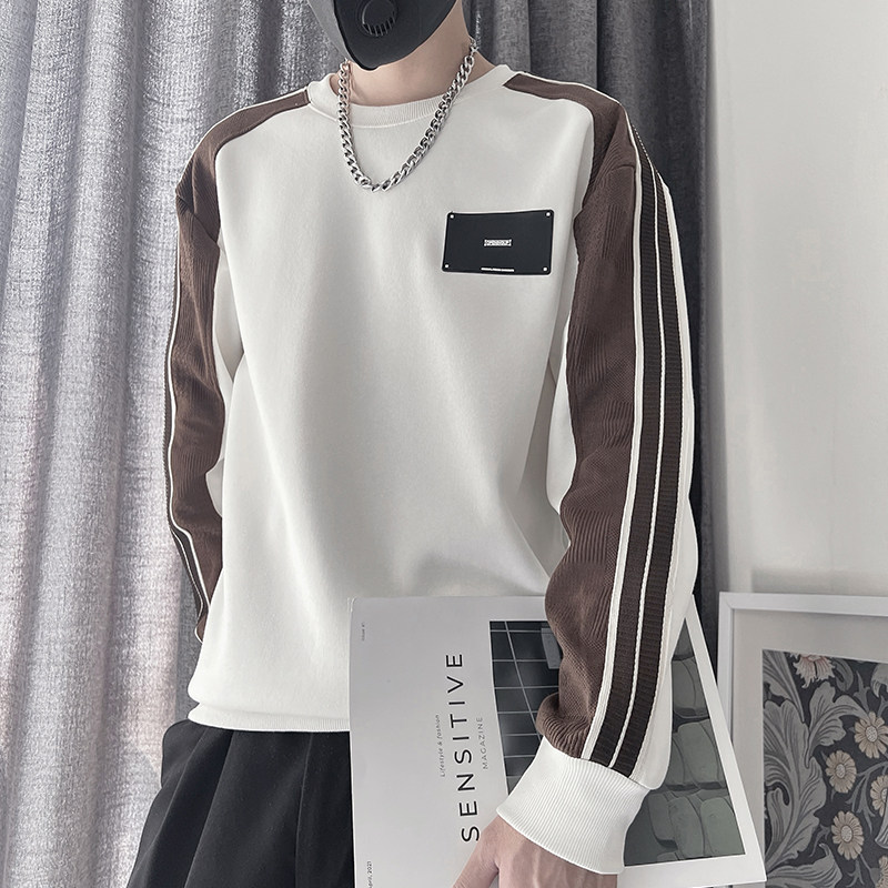 WY171-P68 控98 痞帅男装撞色圆领卫衣男高级感潮显瘦休闲打底衫图片