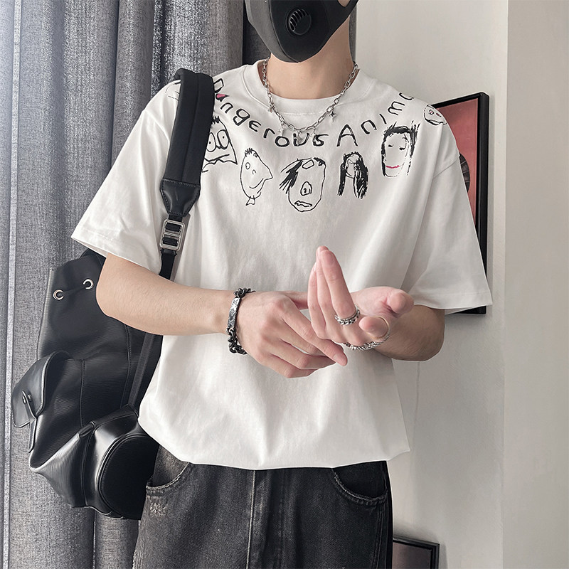 D105-P58-78-M-3XL-P95%棉5%聚酯纤维抽象厚印花环领短袖双,男装T恤,电商A216