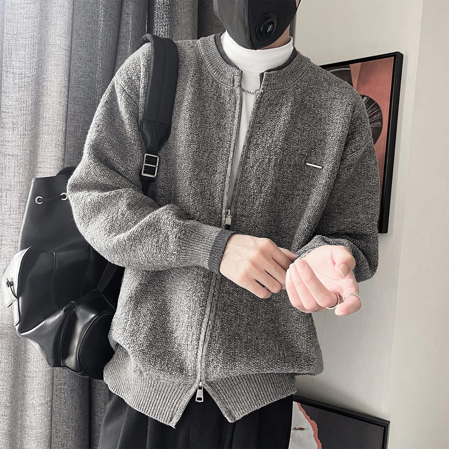 MX253-P88-控118-M-3XL15%腈纶15%锦纶70%涤纶花线双层领开衫毛衣，男装针织衫/毛衣，电商A216