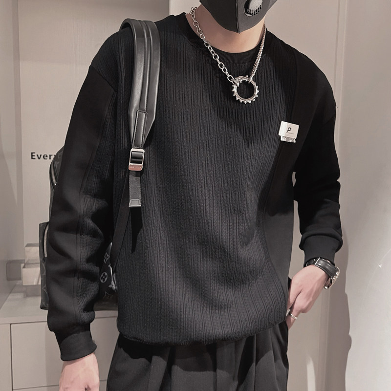 WY157-P68 控98元 秋季男士上衣长袖休闲圆领拼接套头衫卫衣黑图片