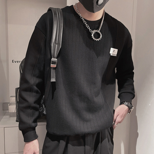 WY157-P68 控98元 秋季男士上衣长袖休闲圆领拼接套头衫卫衣黑图片