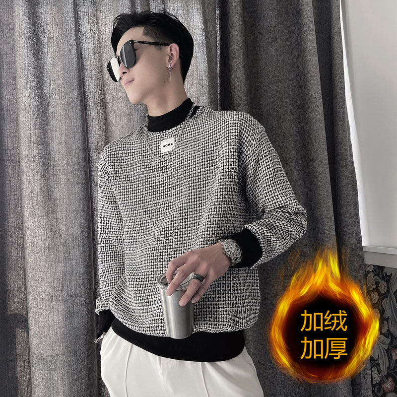 WY77-P68 控98 加绒P75 2023秋季新款卫衣男半高领小伙格子外套图片
