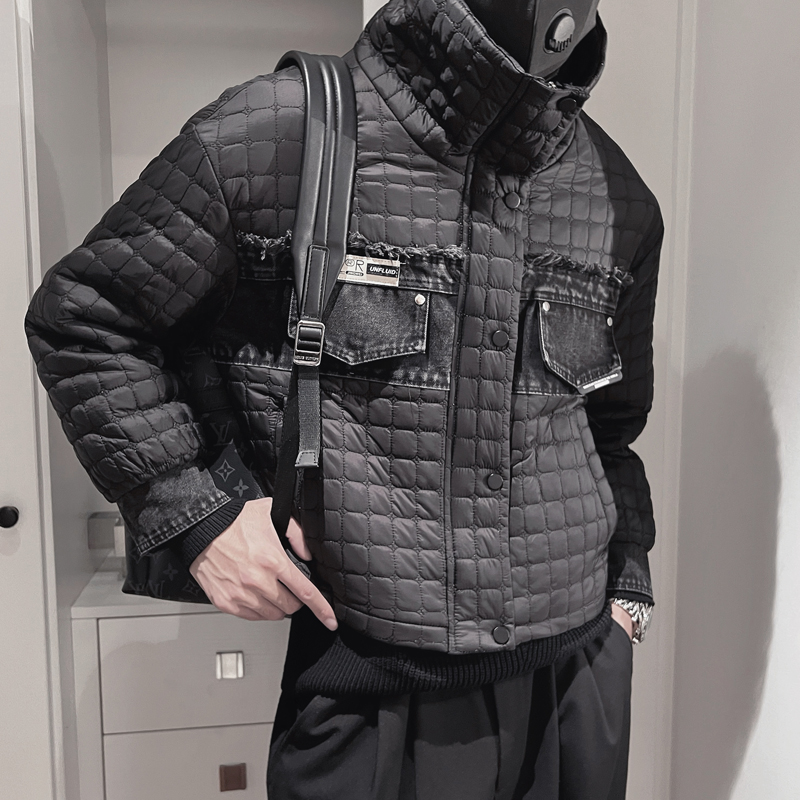 Y70-P118-控158牛仔拼料假两件棉衣男冬季保暖棉袄冬装外套黑主1，男装棉衣，电商A216