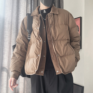 Y105-P218控298外聚酯纤维编织面料拼接假两件翻领羽绒服50绒,樱花粉t恤搭配图片