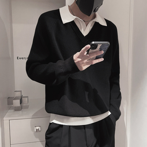 MX117-P108-控148休闲假两件毛衣男翻领拼接POLO衫宽松撞色灰主1
