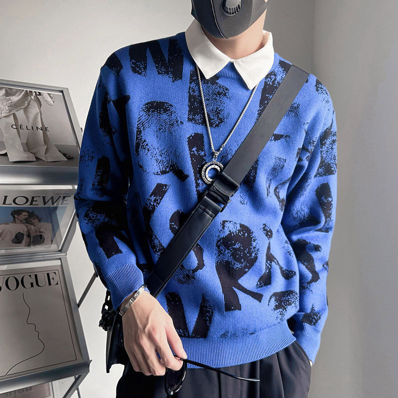 MX110-P88-控1182023冬季新款男士宽松套头涂鸦针织衫毛衣白主2,男装针织衫/毛衣,电商A216