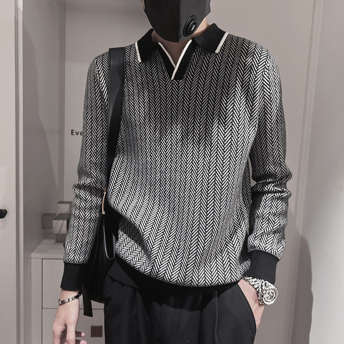 MX236-P68控98M-3XL50%腈纶28%聚酯纤维22%锦纶翻领老钱风针织衫,男装针织衫/毛衣,电商A216