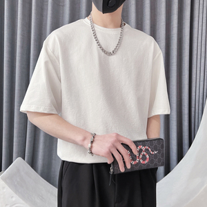 D00B-特25 95%棉5%粘胶纤维小伙风微阔纯色圆领短袖男休闲T恤男白图片