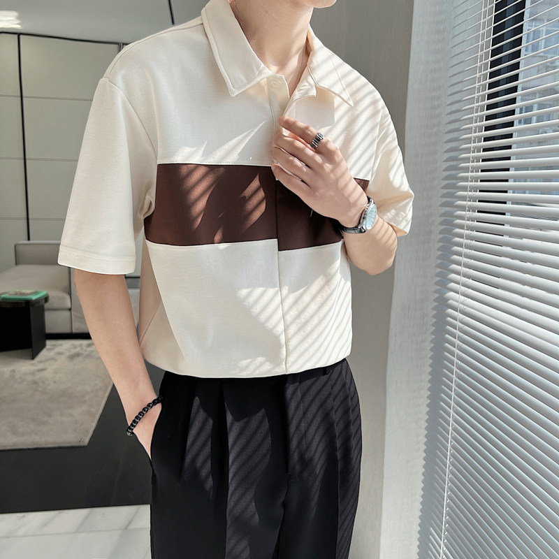QS19-P58控78衬衫男夏季高级感拼色Polo衫翻领痞帅宽松短袖T恤,男装Polo衫,电商A216