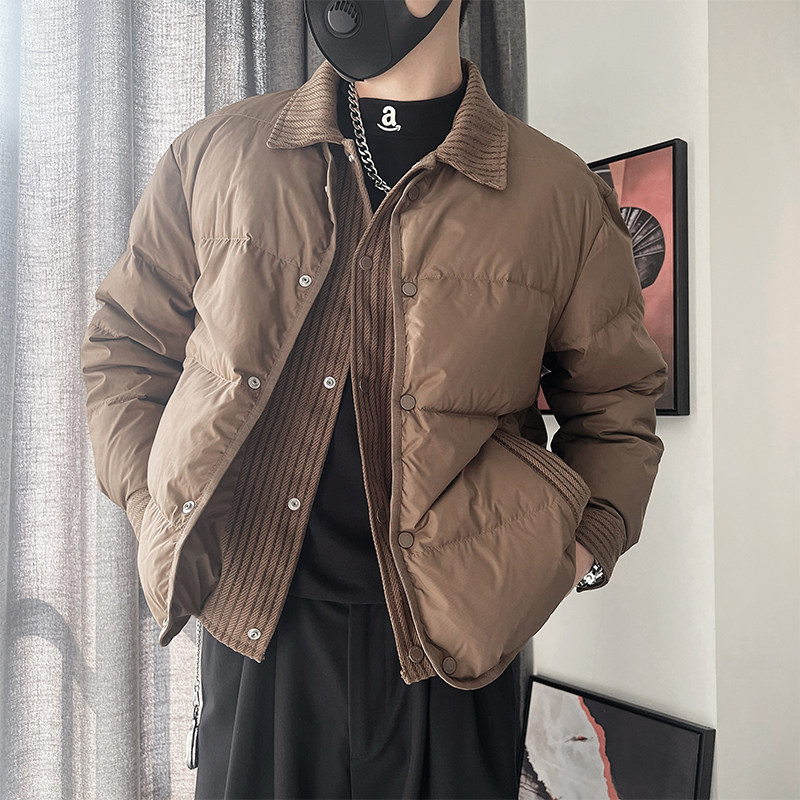 Y105-P218控298外聚酯纤维编织面料拼接假两件翻领羽绒服50绒,男装羽绒服,电商A216