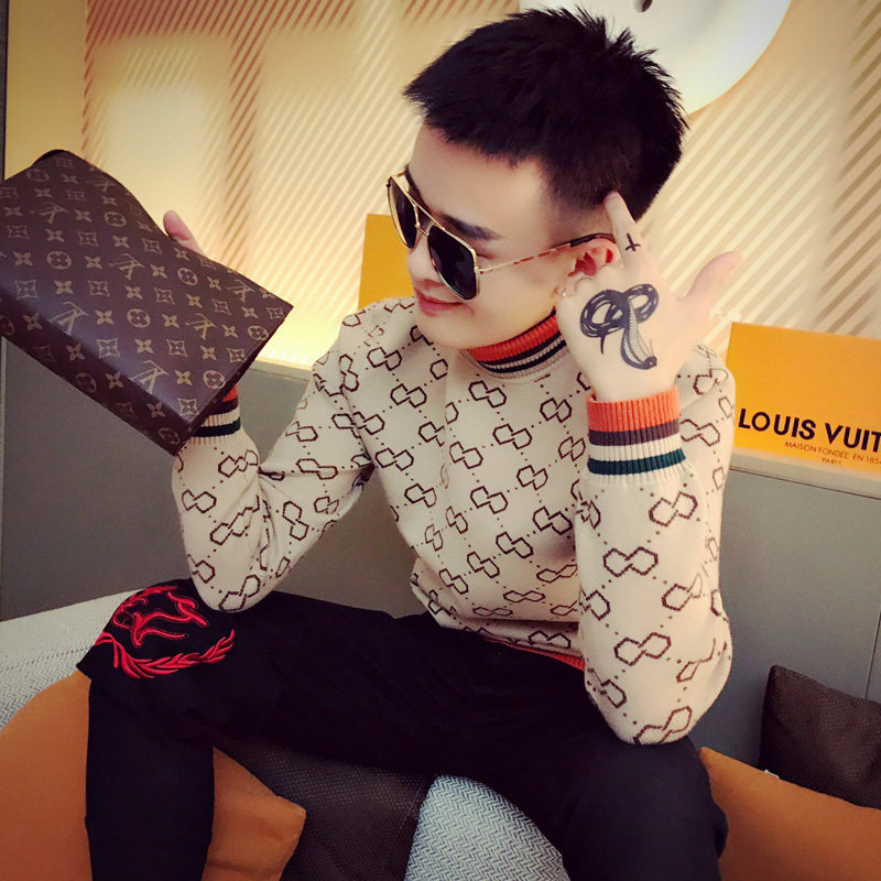 G778--P75控95冬季高领潮牌刺身菱格纹打底社会小伙针织衫毛衣男，男装针织衫/毛衣，电商A216