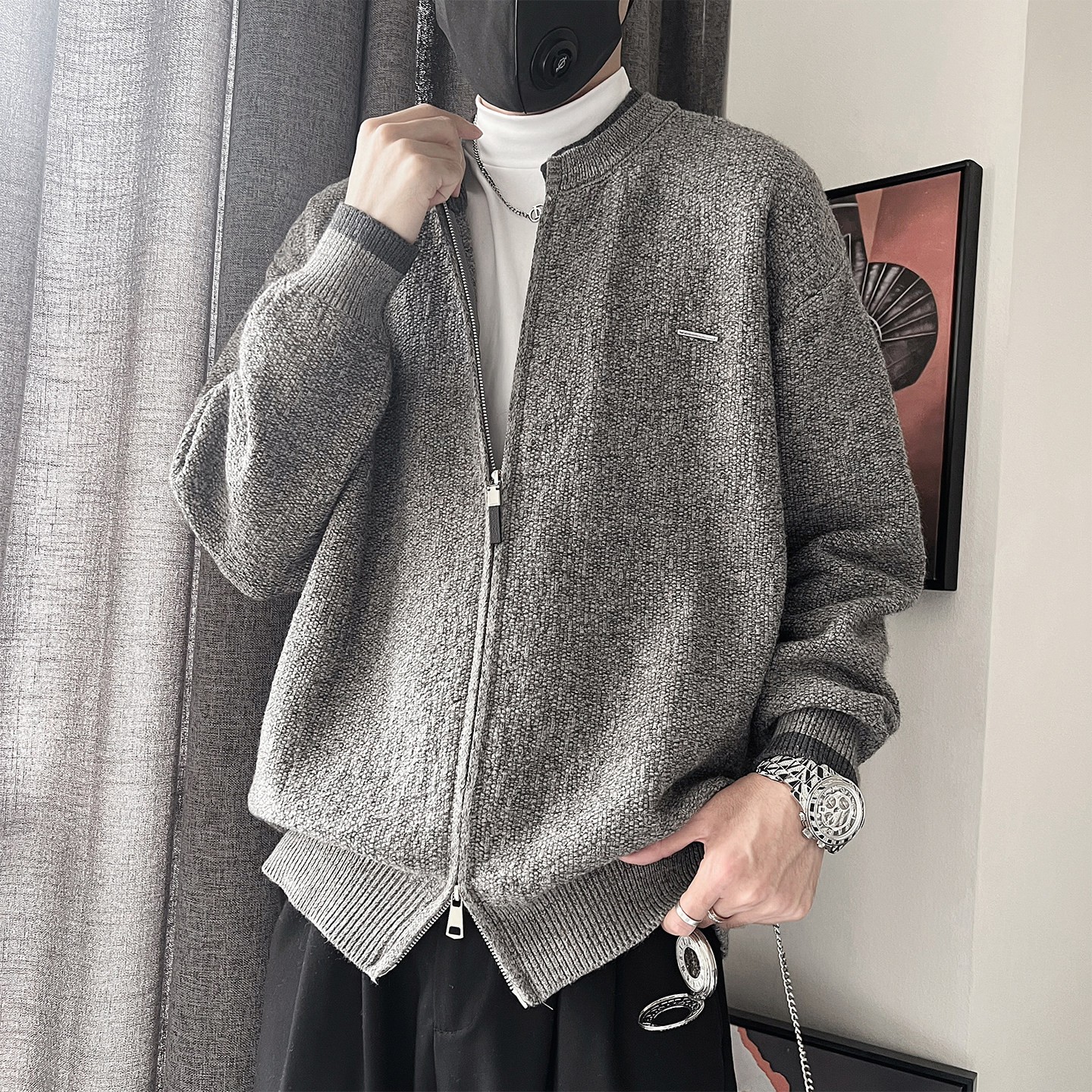 MX253-P88-控118-M-3XL15%腈纶15%锦纶70%涤纶花线双层领开衫毛衣,男装针织衫/毛衣,电商A216