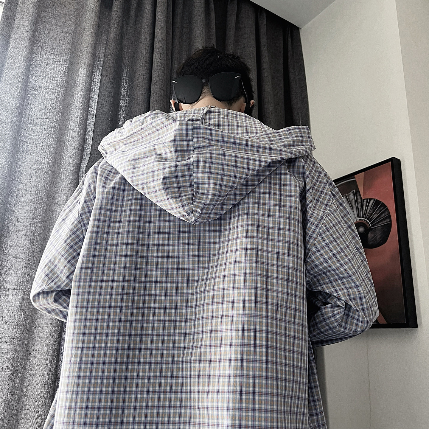 CS72-P78-控108-M-3XL-棉连帽衬衣外套三色格子微阔版型,男装衬衫,电商A216
