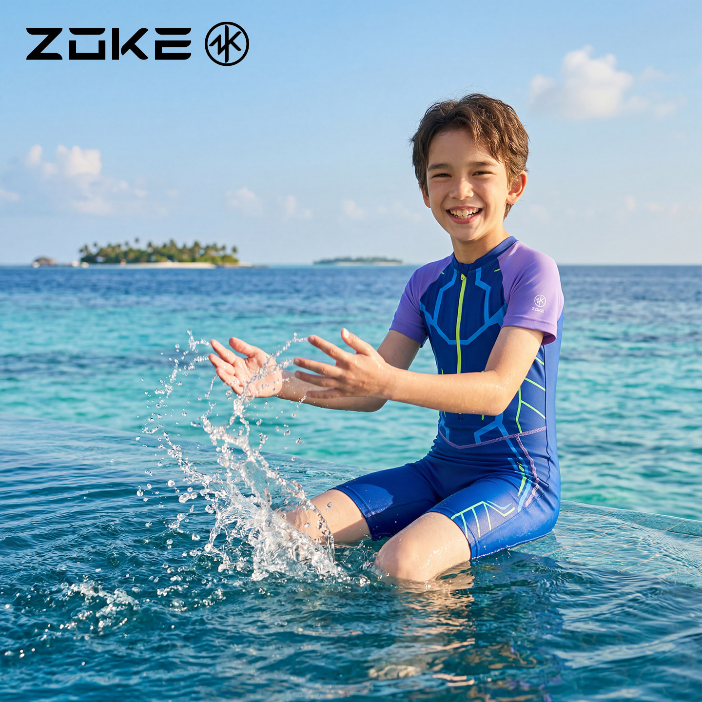 洲克儿童泳衣男童连体平角裤速干游泳训练中大童2025新款防晒泳衣