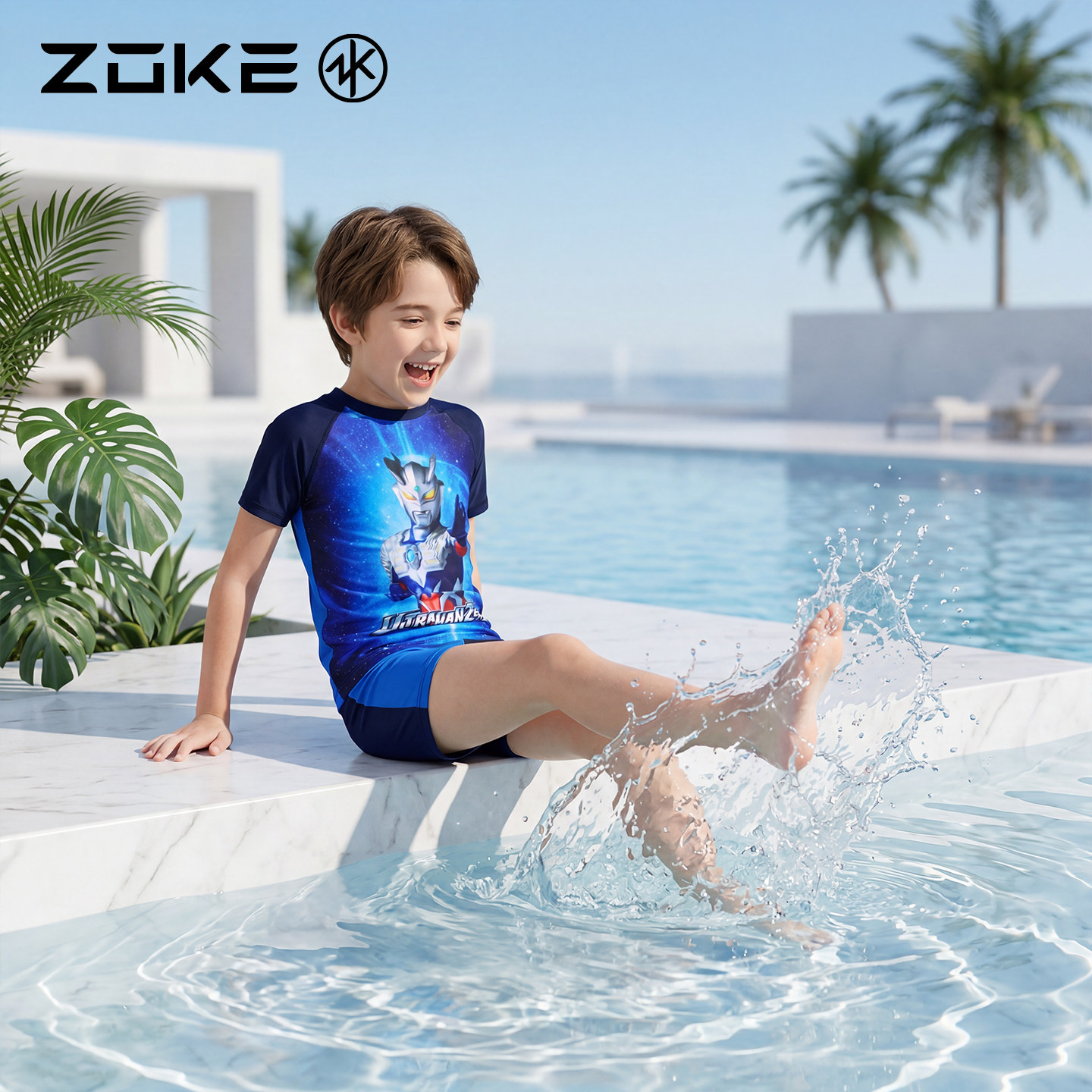 洲克儿童泳衣分体短袖平角zoke赛罗奥特曼男童防晒游泳训练套装
