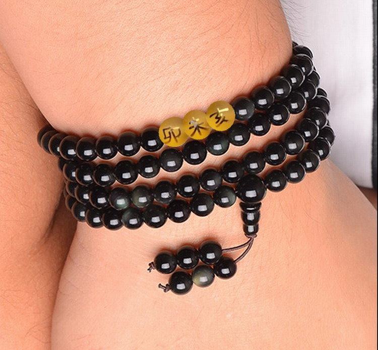 包邮三合木局卯未亥天然黑曜石兔羊猪三合贵人108颗手链