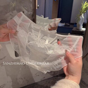 法式轻奢丝滑缎面性感蕾丝透明网纱女三角裤中腰无痕包臀内裤白色
