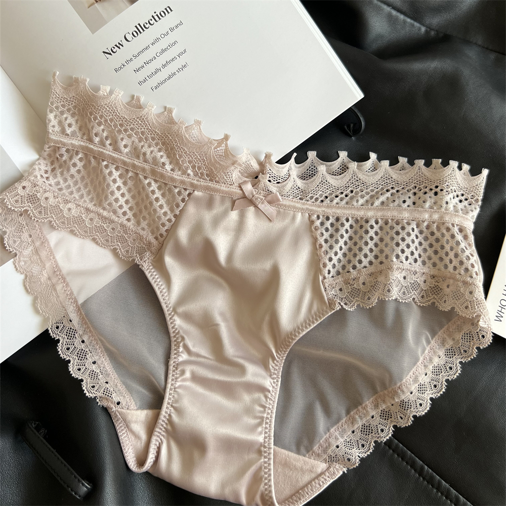 香槟粉~法式高级缎面蕾丝低腰三角内裤女士纯色性感欧美冰丝纯欲