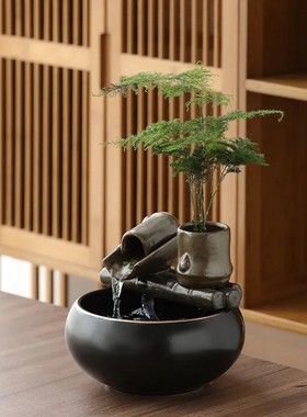 创意新中式生财流水陶瓷摆件桌面客厅茶桌办公室小型装饰品循环水