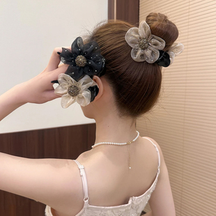 闪钻花朵丸子头抓夹女2025新款 韩版 高级感半扎发夹后脑勺发卡头饰