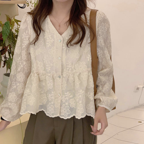 设计感小众长袖别致V领蕾丝衬衫
