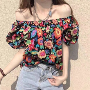 夏季女装批新款发一字领性感显瘦宽松上衣时尚复古碎花露肩衬衫潮