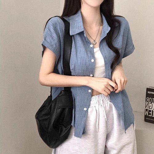 批发chic卷边短袖复古格子衬衫潮