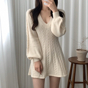 春季女装韩版批新款发V领chic毛衣A字短裙灯笼长袖收腰针织连衣裙