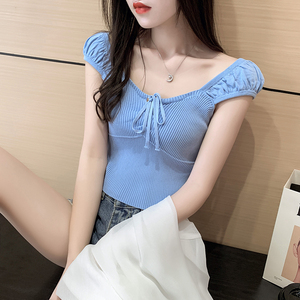 批 发夏季女装韩版新款一字肩修身吊带V领性感露脐针织短款小背心