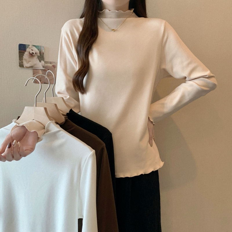 批发半高领大码木耳边德绒T恤潮