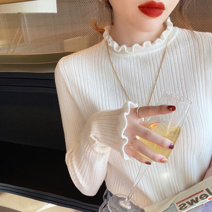 批 发秋冬女装韩版新款修身设计感小众毛衣长袖木耳边打底针织衫