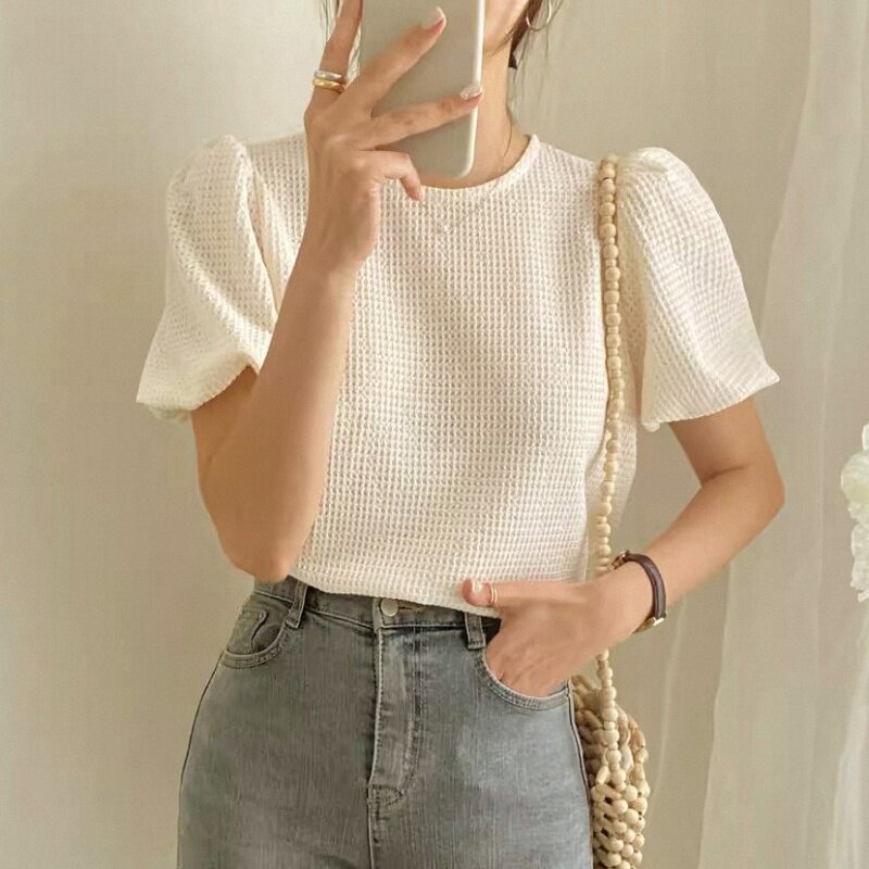 夏季女装批新款发chic甜美宽松圆领套头衬衣镂空华夫格泡泡袖衬衫