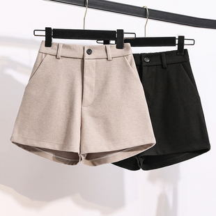 秋冬女装新款休闲阔腿宽松显瘦高腰短裤胖mm大码外穿洋气毛呢靴裤