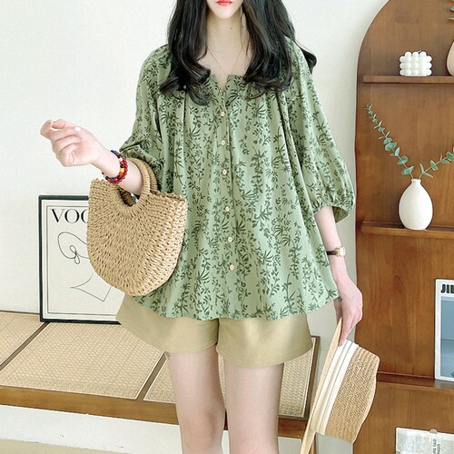 批发减龄甜美宽松碎花七分袖衬衫