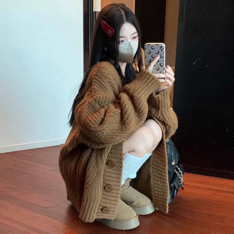 春季女装批新款发休闲V领麻花针织开衫蝙蝠袖宽松慵懒风毛衣外套