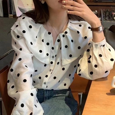 批发宽松娃娃领荷叶边波点衬衫潮