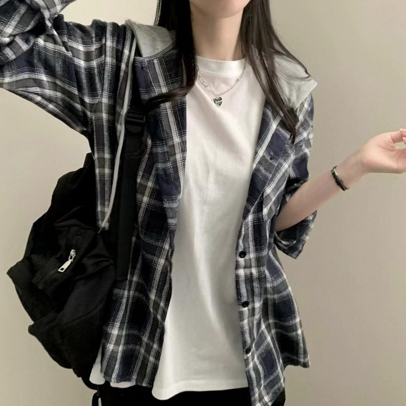 秋冬女装批新款发长袖外搭打底复古格子衬衣宽松拼接磨毛连帽衬衫,女装/女士精品,衬衫,淘宝优惠券,粉丝福利购,淘宝优惠卷