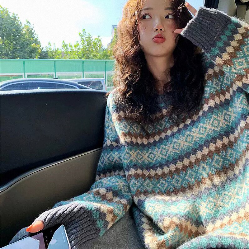 秋冬女装批新款发宽松休闲洋气针织条纹提花复古温柔费尔岛毛衣潮