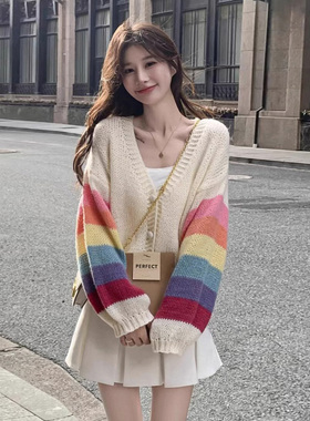 春季女装批新款发外穿减龄V领慵懒毛衣甜美宽松彩虹条纹针织衫潮