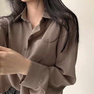 衬衫 发休闲百搭叠穿宽松纯色衬衣简约洋气复古长袖 批新款 秋冬女装
