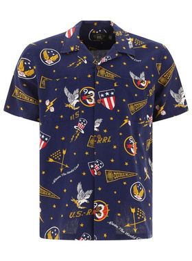 专柜现货 doubleRL RRL人造丝亚麻混纺骰子印花短袖衬衫