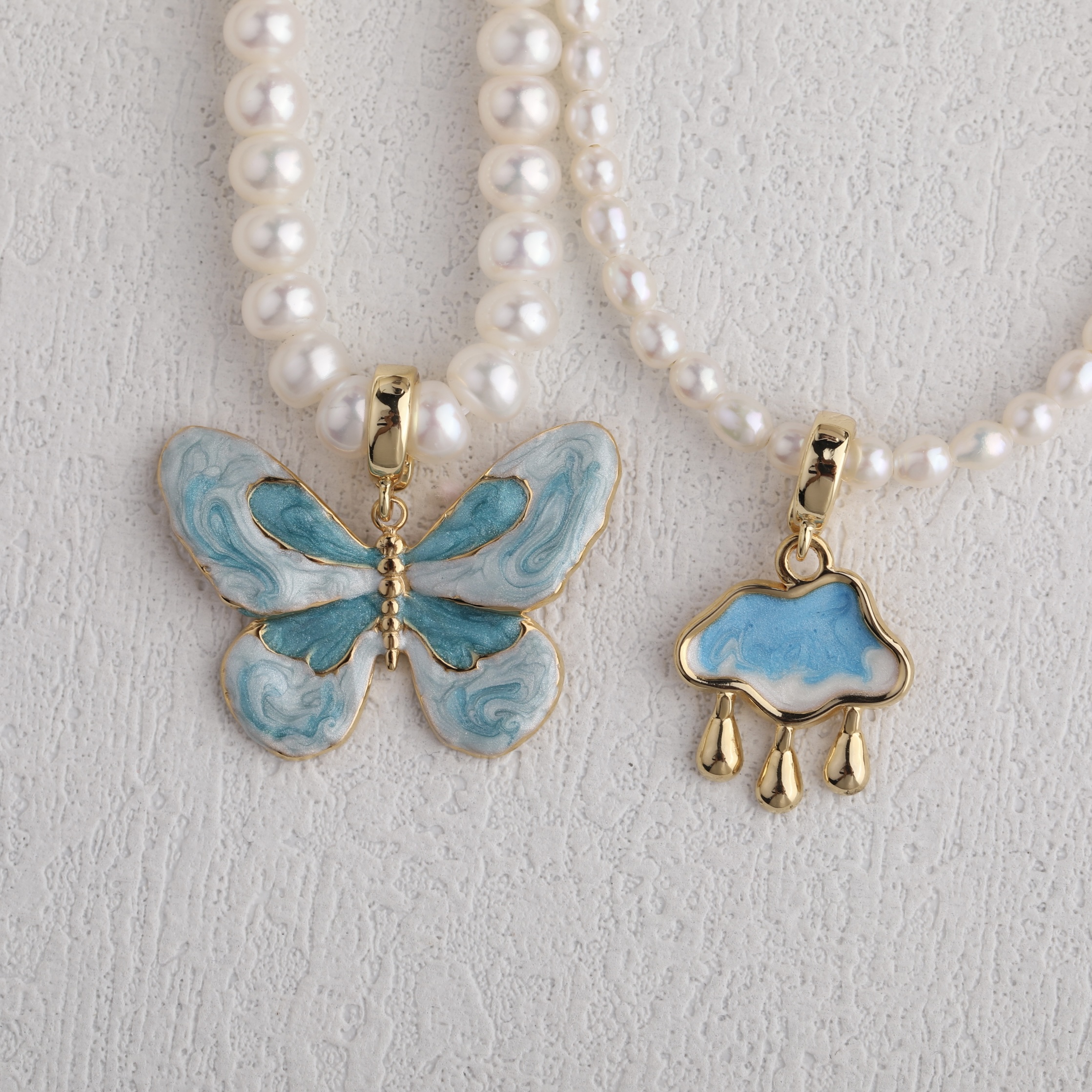 NNU 油画蝴蝶钛钢镀金蓝色系可拆卸吊坠珍珠项链简约百搭项坠单坠