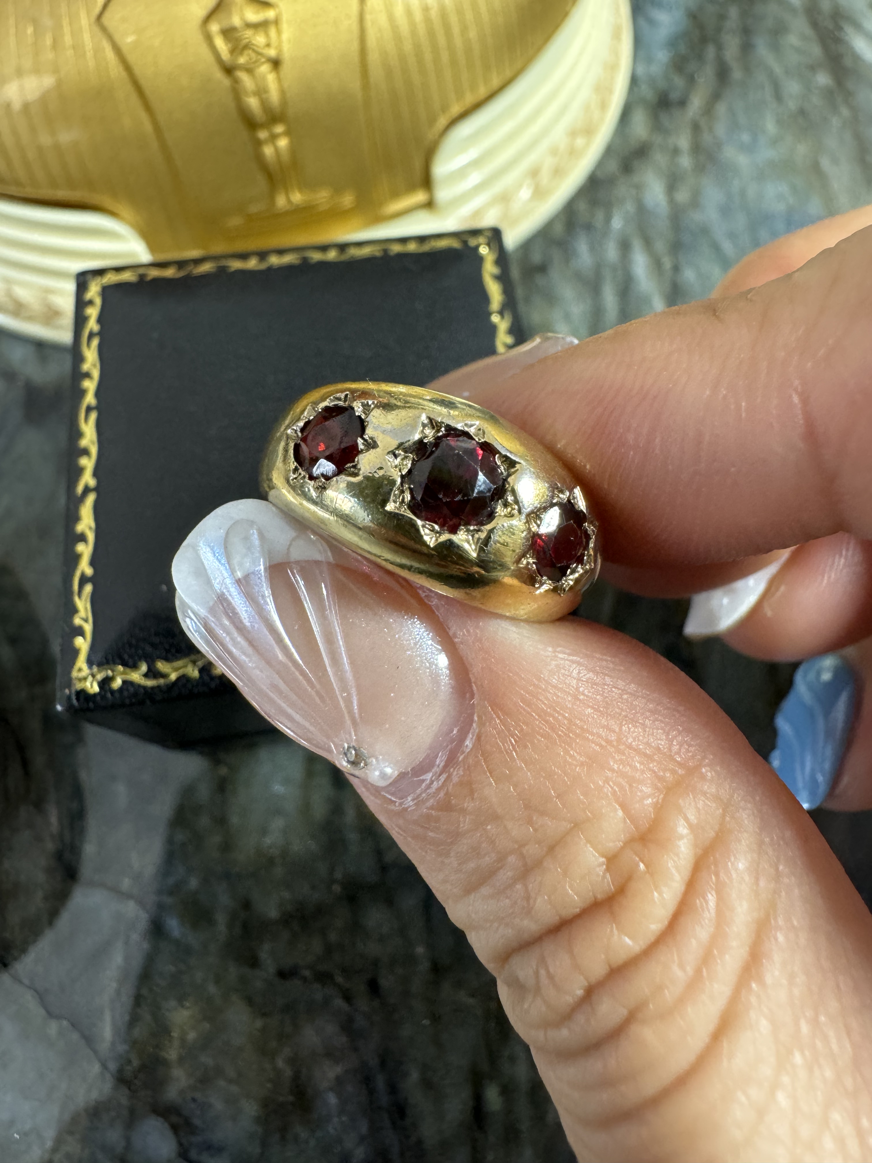 通体925银鎏金银戒指錾刻星芒石榴石维多利亚英国设计师手工指环图片
