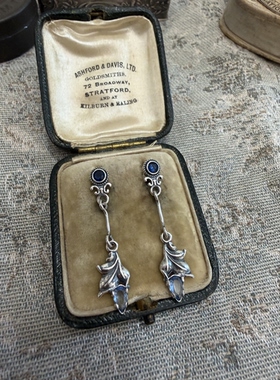 精致天蓝色银通体925银新艺术时期古董复古设计银耳钉圆脸耳坠