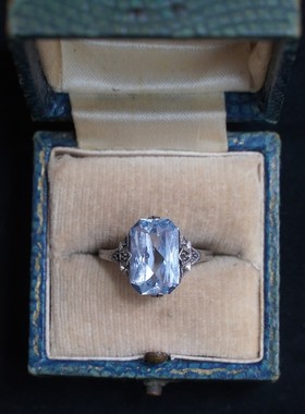 阿呆Artdeco时期925银欧洲古董设计银戒指蓝色尖晶石复古女戒礼物